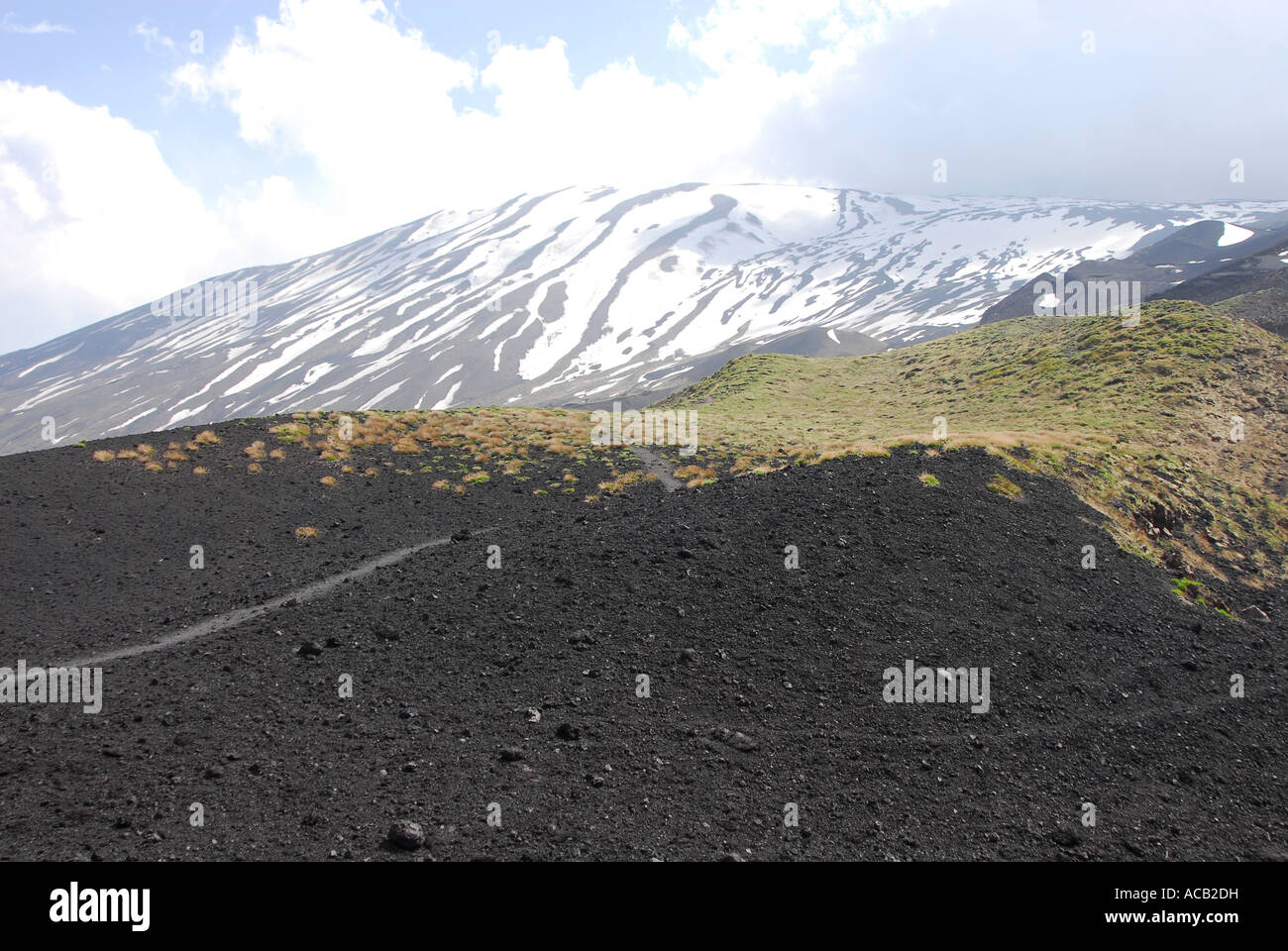 L'Etna couvert de neige pentes supérieures et inférieures des coulées noires, vue depuis le Nord Banque D'Images