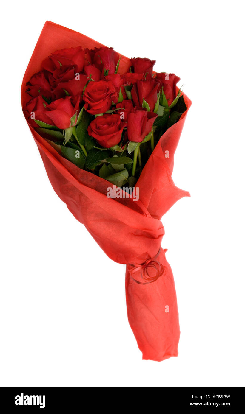 Bouquet de roses rouges enveloppées dans du papier de soie Banque D'Images