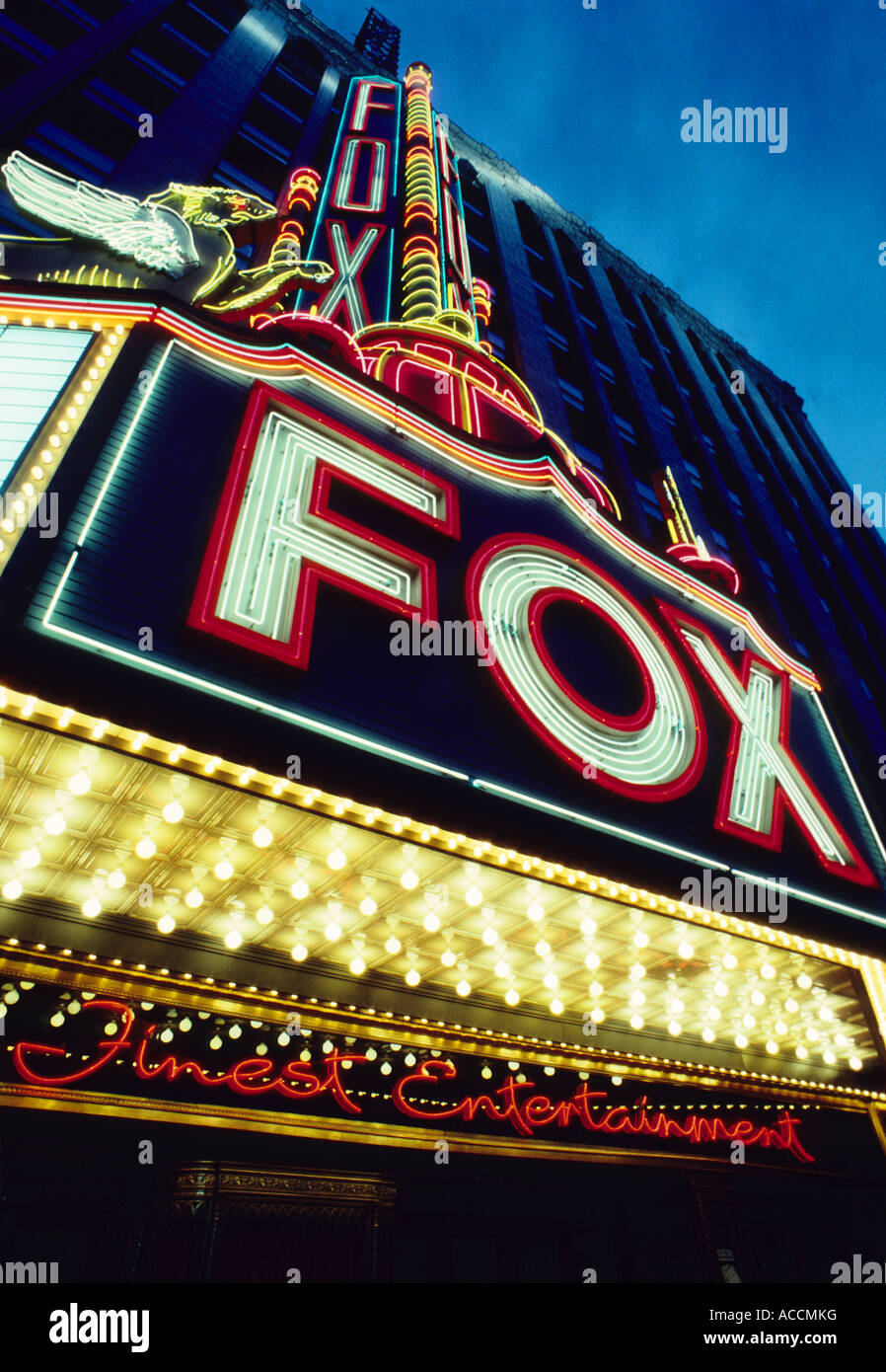 Fox Theatre marque sur Woodward Avenue au centre-ville Quartier des divertissements, à Detroit, Michigan, USA Banque D'Images