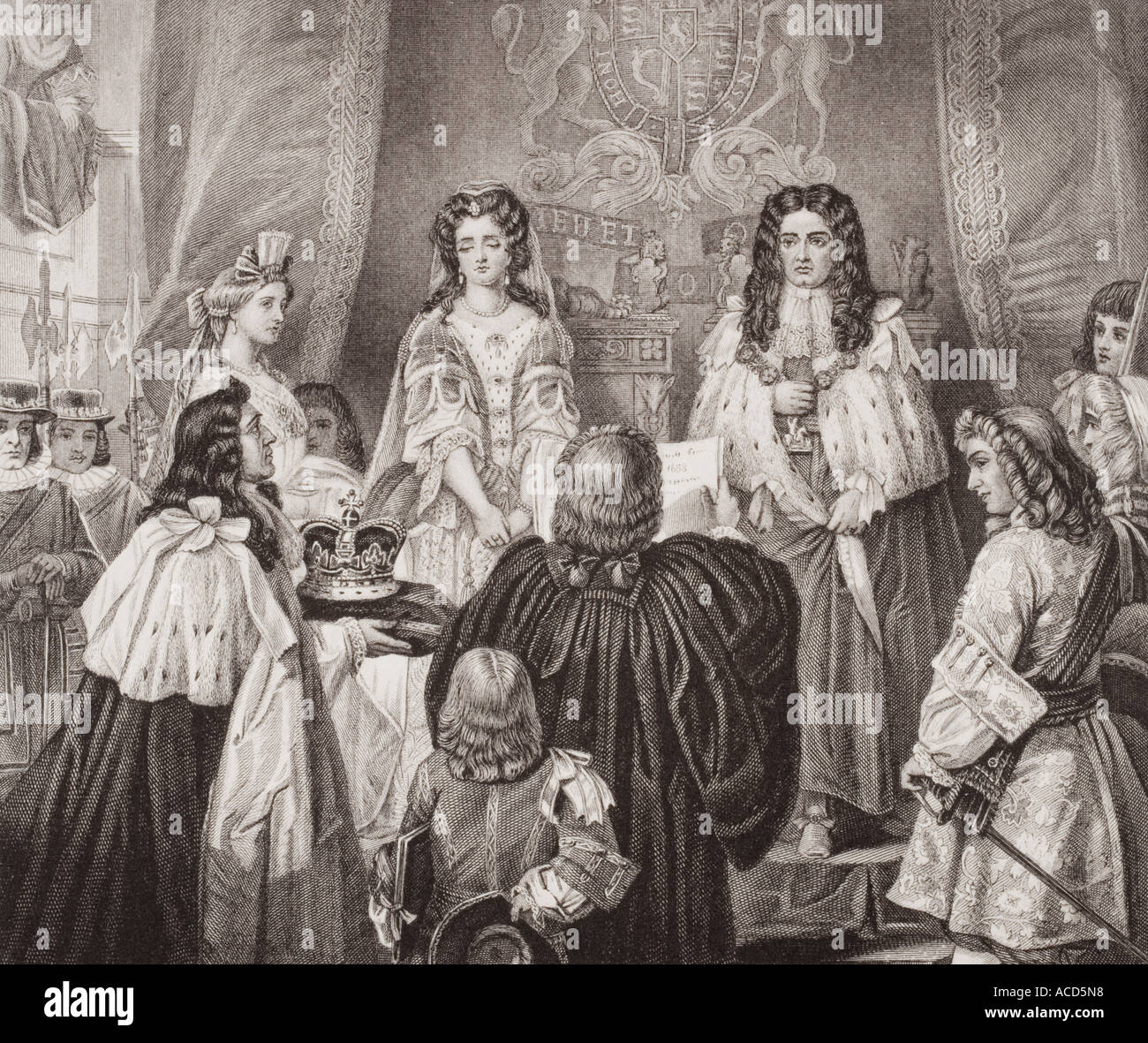 La couronne offerte à William et à Marie. William III, Mary II, co-dirigeants de l'Angleterre, de l'Écosse et de l'Irlande. Banque D'Images