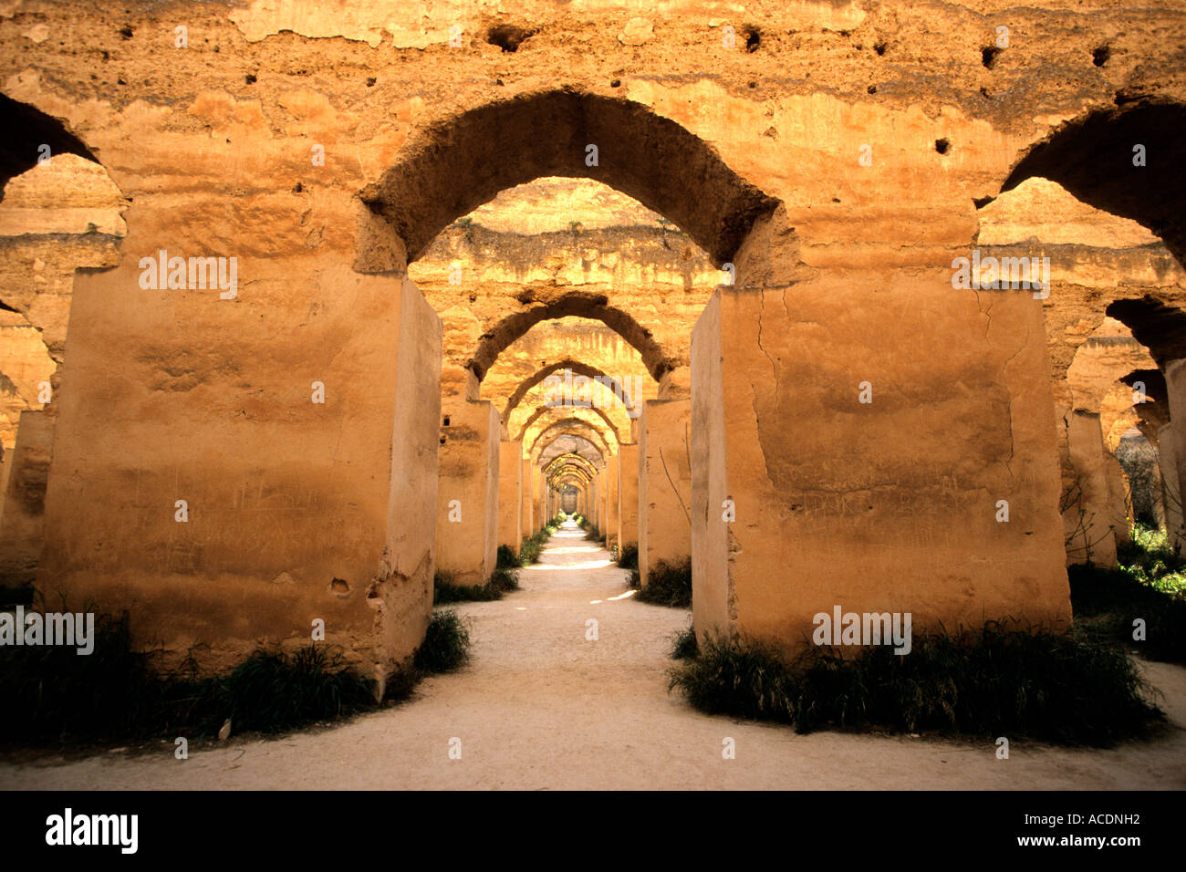 Arches massives se connecter horse stables de Meknès, le 11e siècle de règlement militaire du Sultan Moulay Ismaïl, le Maroc. Banque D'Images