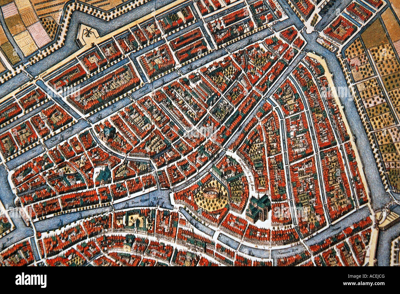 La carte médiévale de la vieille ville néerlandaise de Leyde Leyde datée 1649 montrant château central et de la cathédrale et de nombreux canaux Banque D'Images