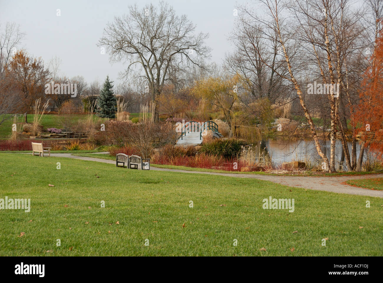 Scène d'automne avec pont pour piétons et étang Banque D'Images