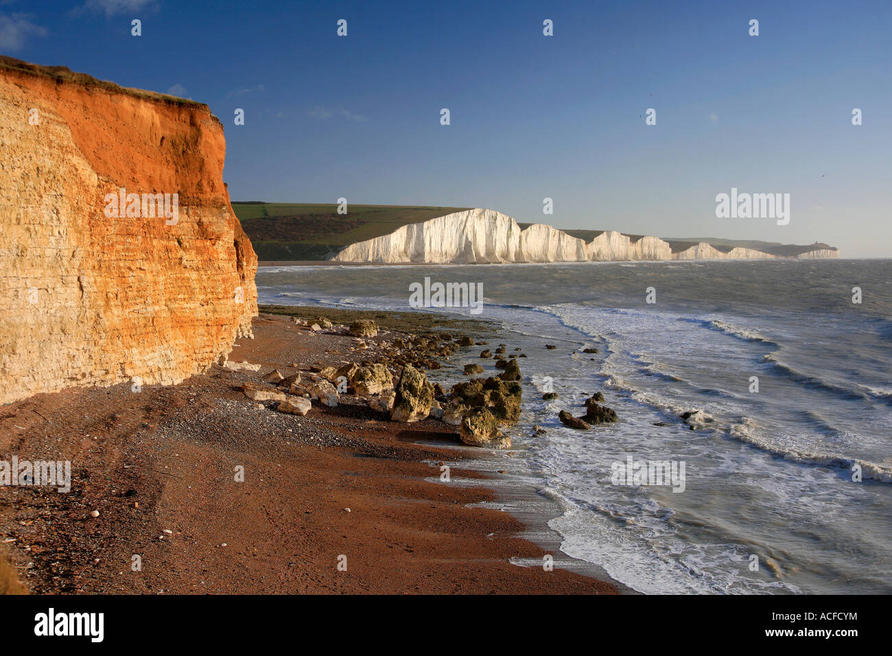 Les sept soeurs des falaises de craie de la plage de Seaford Head, South Downs Way, Sussex, Angleterre, Grande-Bretagne, Royaume-Uni Banque D'Images