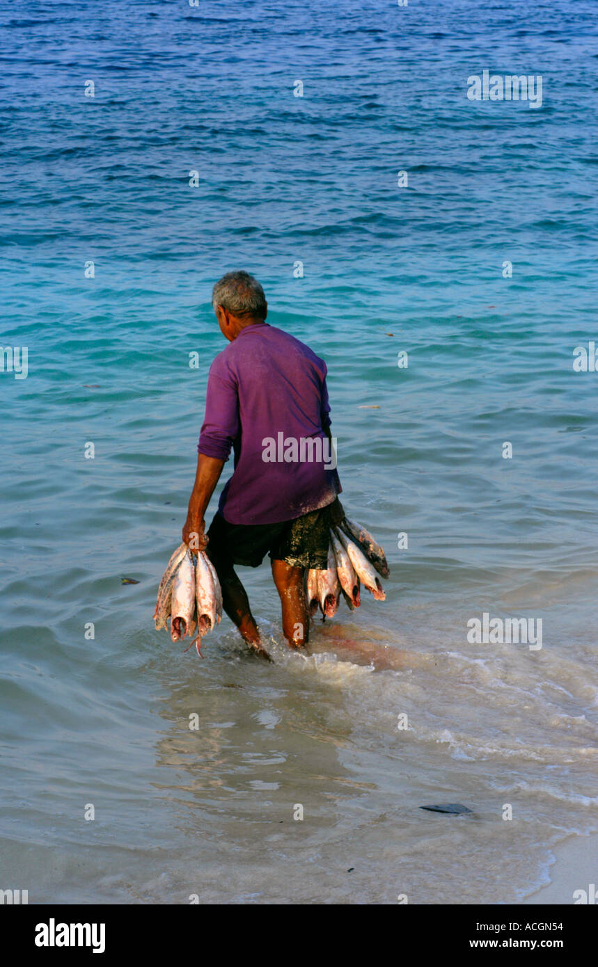 Un pêcheur maldivien lave rouge Banque D'Images