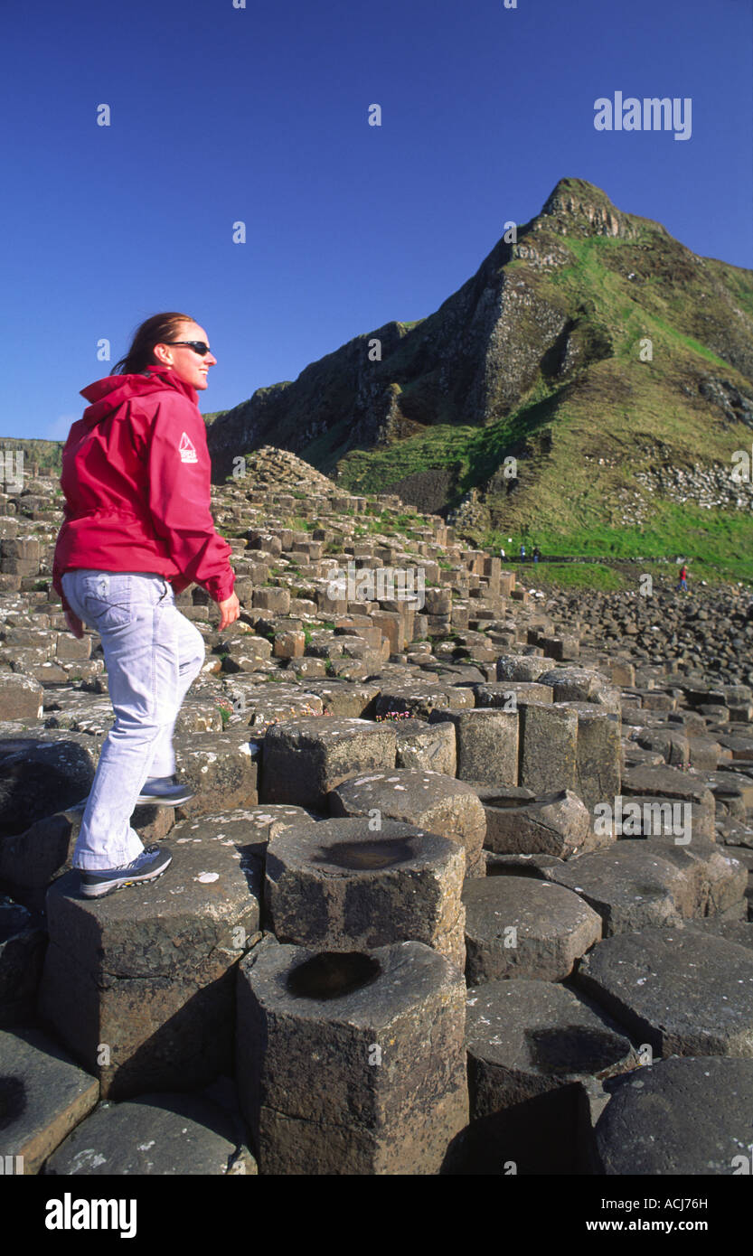 Personne sur la colonnes hexagonale de la Giant's Causeway, Co Antrim, en Irlande du Nord. Banque D'Images