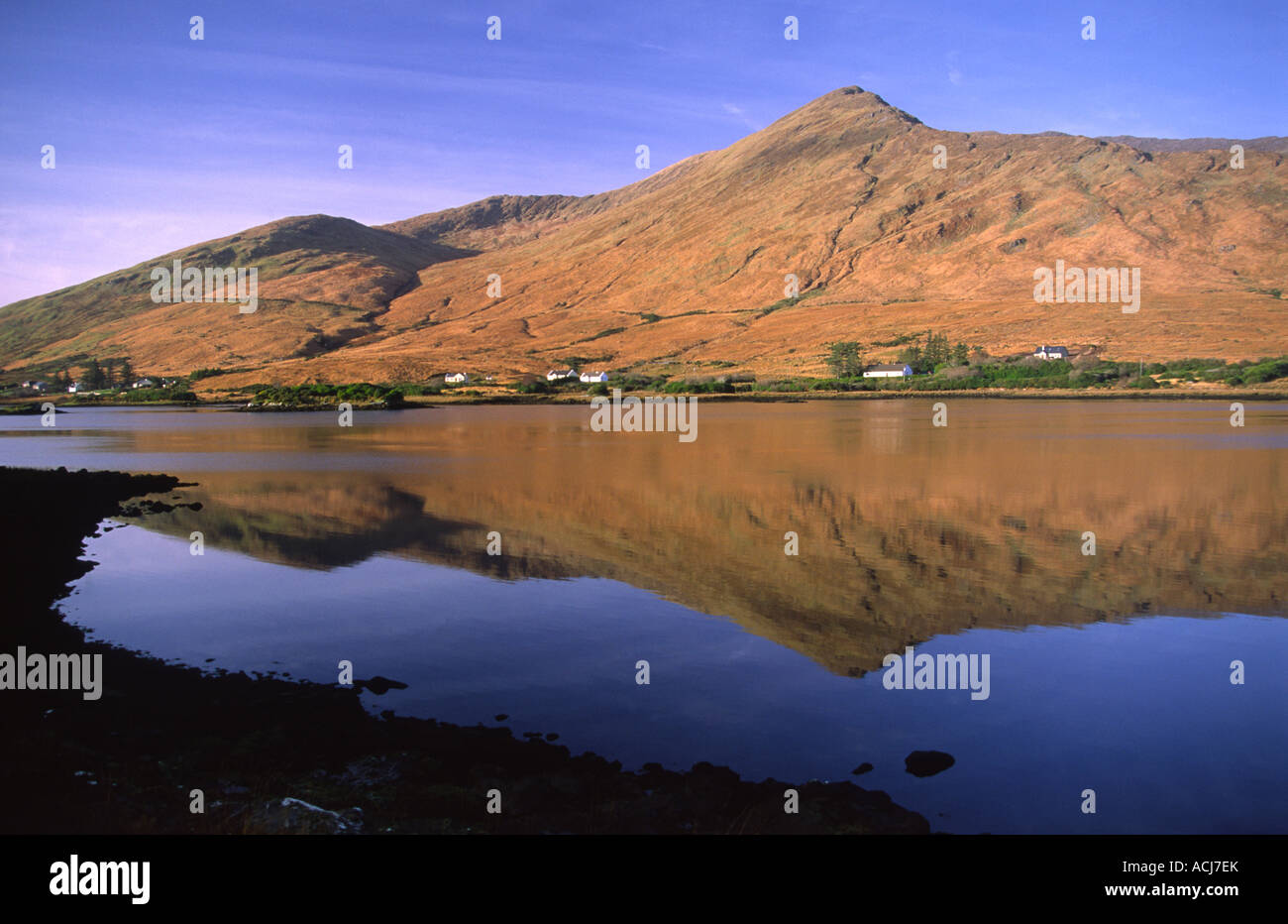 Letterettrin Mountain reflétée dans le Lough Fee, Connemara, comté de Galway, Irlande. Banque D'Images