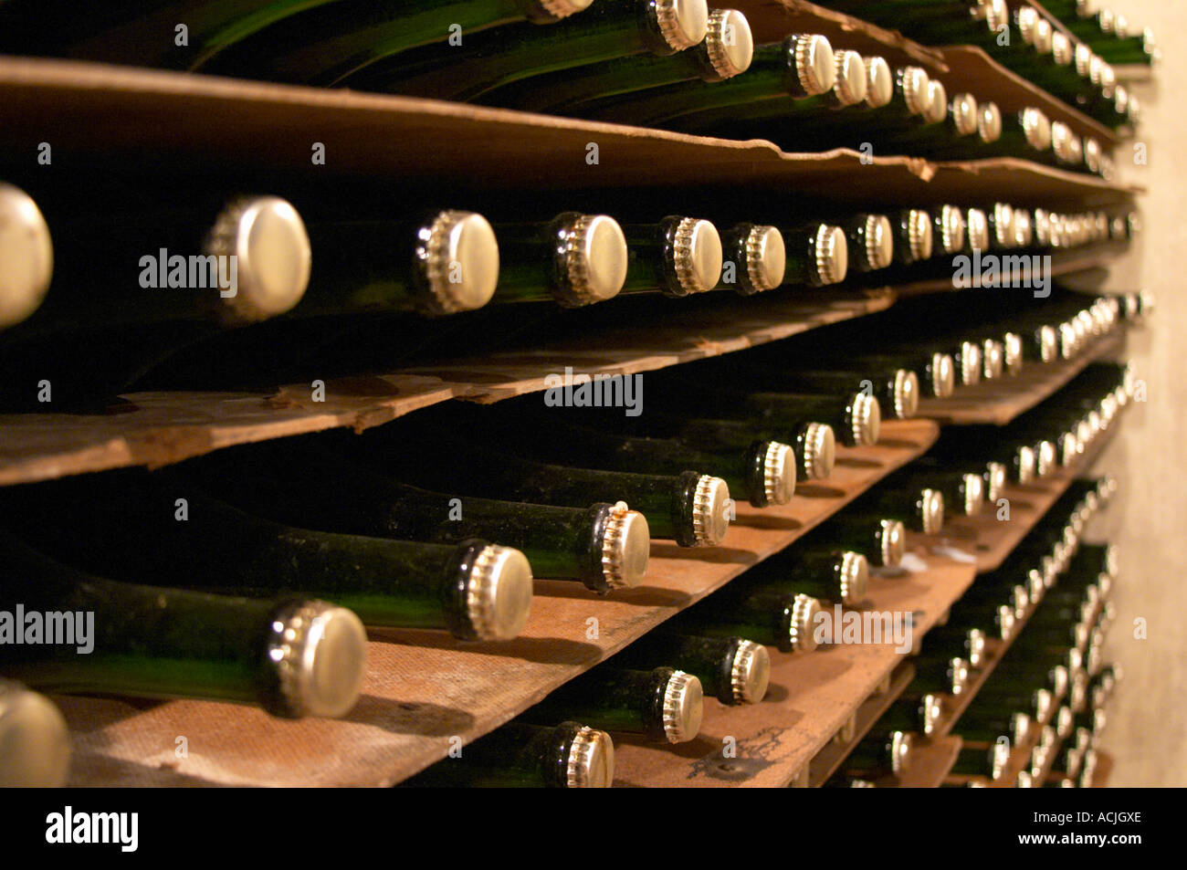 Bouteilles de mousseux sur lattes de bouteille avec un style de bière couronne le bouchon avant dégorgement Bodega Castillo Viejo Winery, Las Piedras, Canelones, Uruguay, Amérique du Sud Banque D'Images