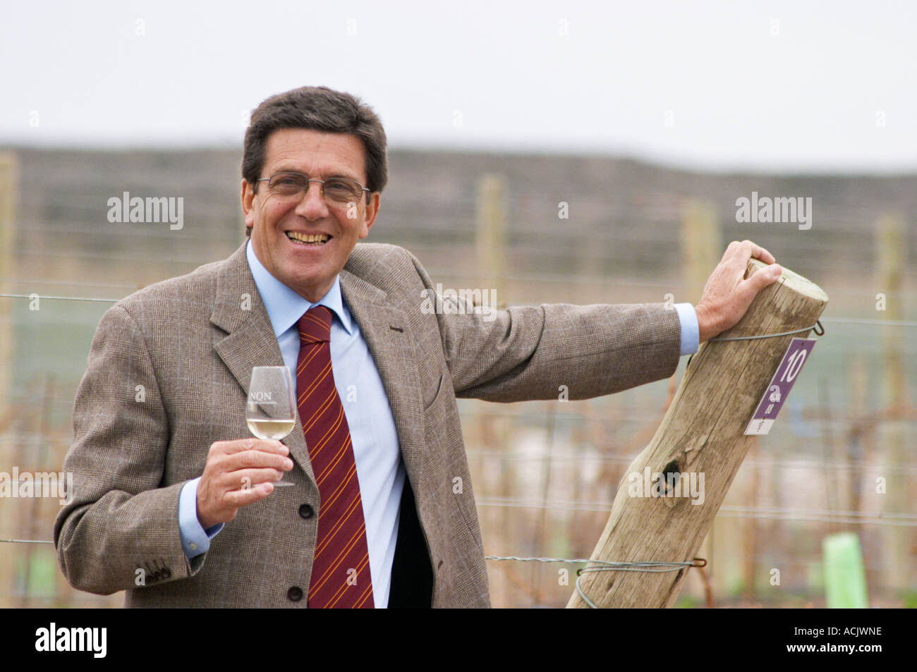 Luis Maria Focacci, associé directeur et propriétaire, avec un verre de vin dans le vignoble. Bodega NQN Winery, Vinedos de la Patagonia, Neuquen, Patagonia, Argentine, Amérique du Sud Banque D'Images