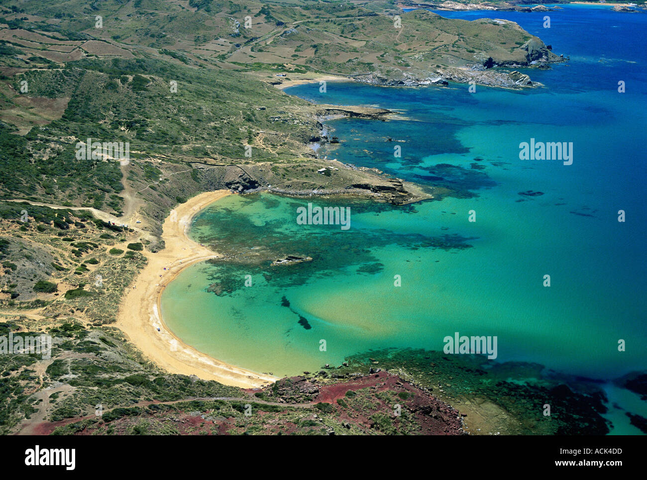 Vue aérienne de Cavalleria Beach Ibiza Iles Baléares Espagne Côte Est Banque D'Images