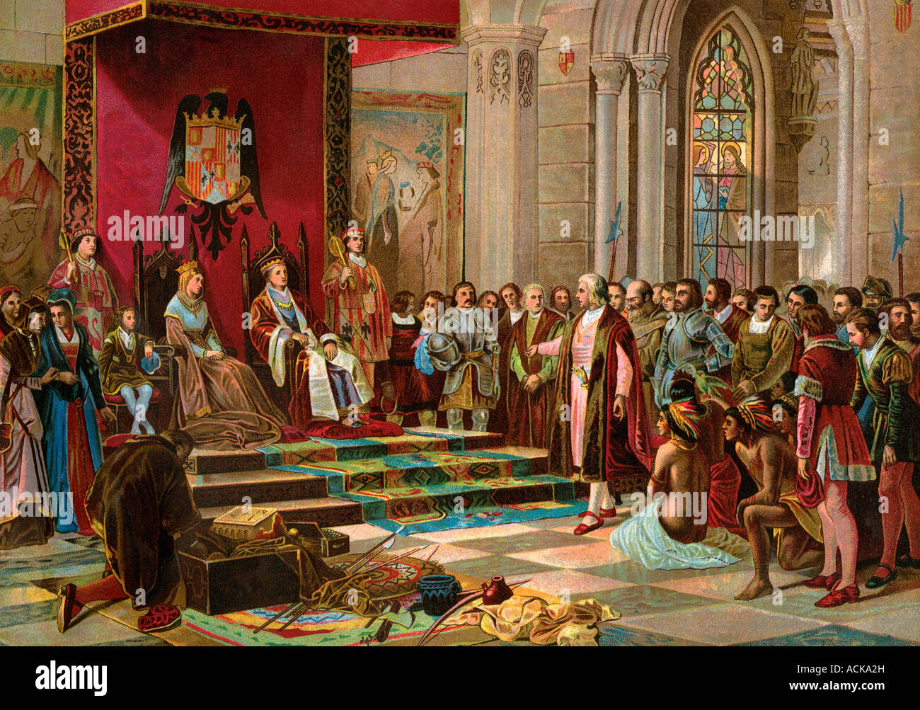 Columbus accueillis par le roi Ferdinand et La Reine Isabelle à son retour en Espagne à partir