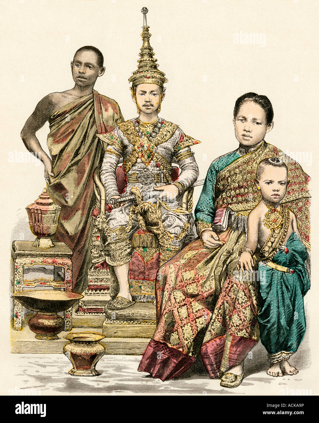 Roi reine et jeune prince de Siam et un moine bouddhiste des années 1800. Impression couleur à la main Banque D'Images