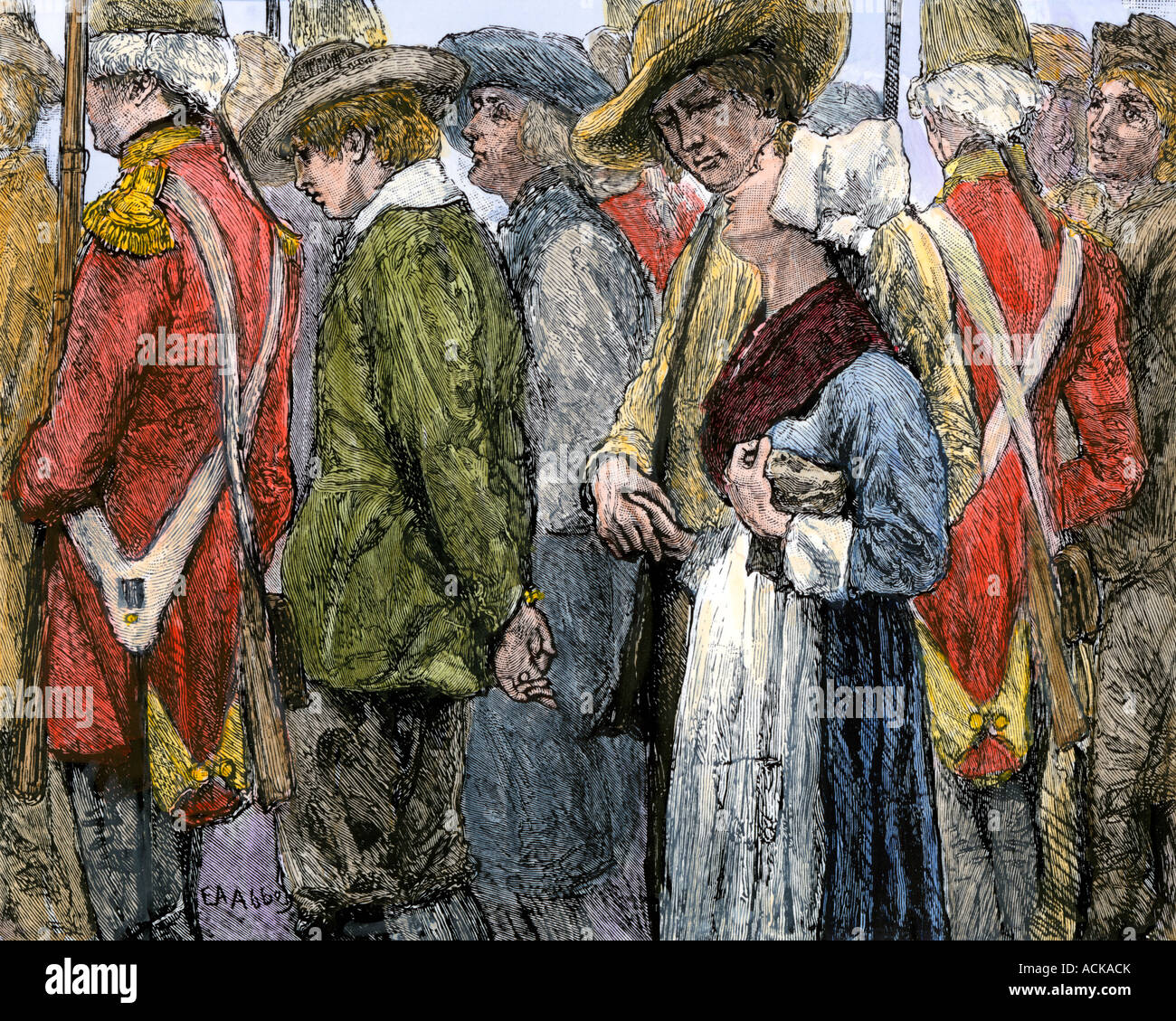 La dépose de force les habitants de l'Acadie française du Canada 1755. À la main, gravure sur bois Banque D'Images