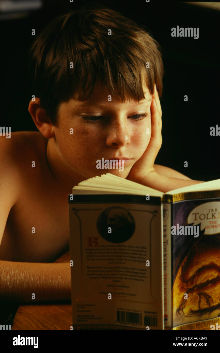 Boy Reading Seigneur des Anneaux Banque D'Images