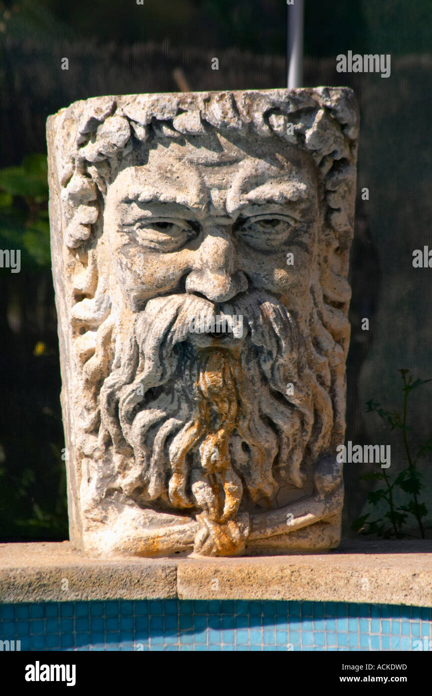 Une décoration côté piscine, une sculpture d'un visage de l'homme avec une  profusion de cheveux et barbe et moustache, en après-midi, soleil en  Provence Clos des Iles Le Brusc Six Fours Côte