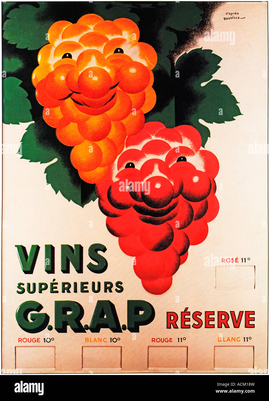 Vins GRAP Superieurs 1930 Vin Français poster avec quelques happy smiling grappes de raisin pour vous faire soif Banque D'Images
