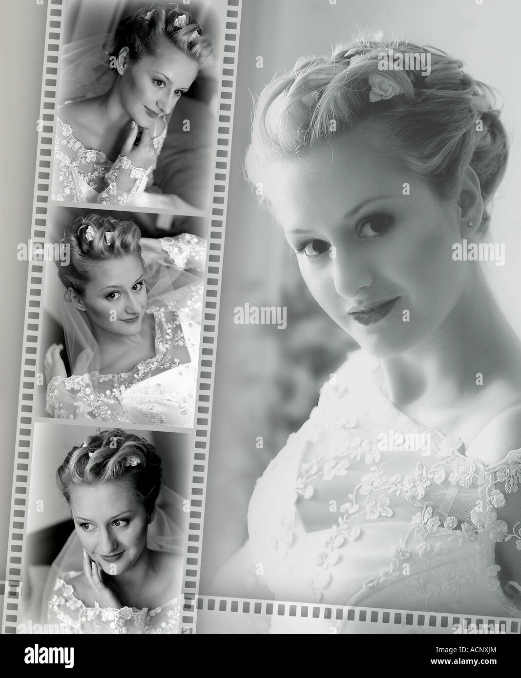 Un montage d'un album de mariage par correspondance. Vous pouvez voir la mariée, et trois styles d'photograohs neagatives retour sur le couvercle Banque D'Images