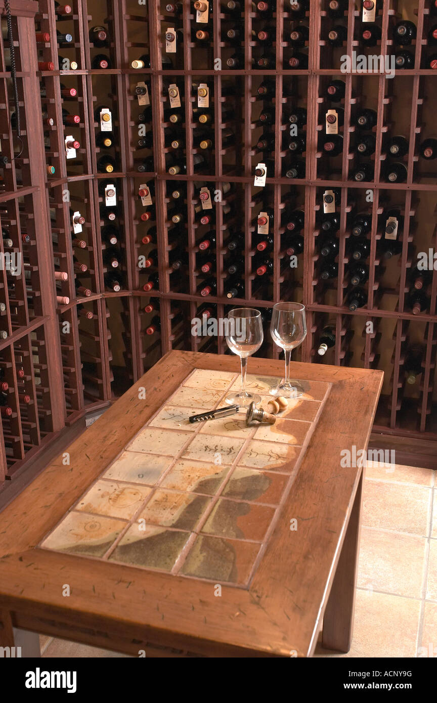 Cave avec des bouteilles de vin dans le stockage Banque D'Images