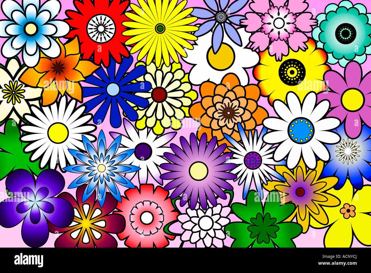 Des formes de fleurs stylisées multicolores sur fond rose Banque D'Images