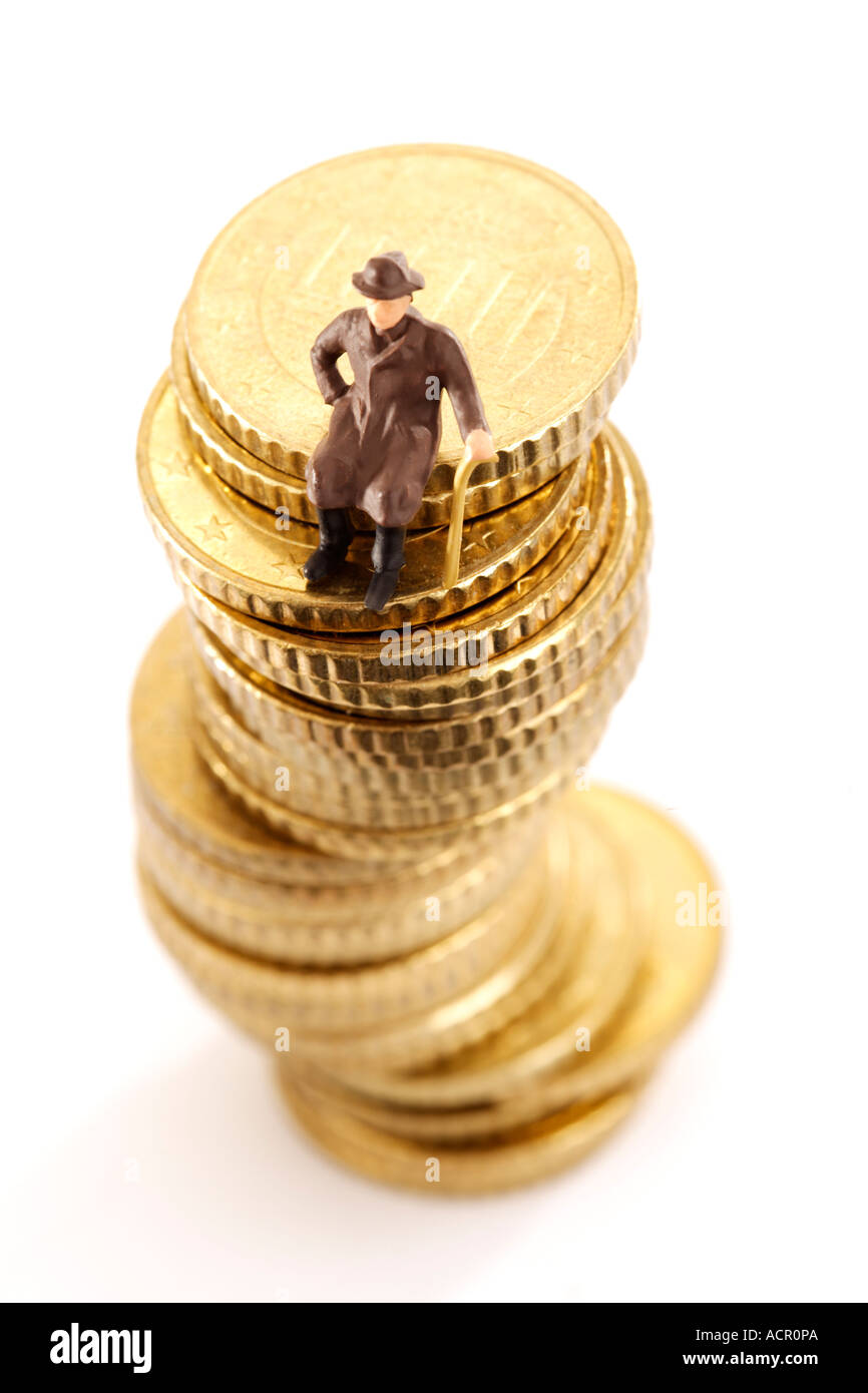 Du Prince, vieil homme, assis sur le tas de pièces de monnaie Banque D'Images