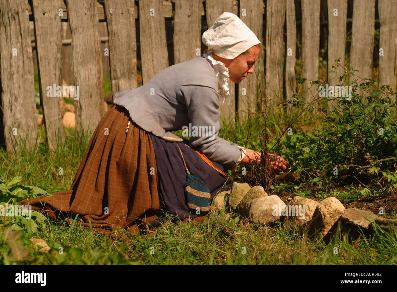 Woman Tending Jardin Plimouth Plantation Plymouth au Massachusetts Pilgrim Settlement Banque D'Images