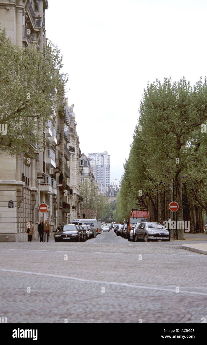 Rue de Paris, voitures garées sous des lignes d'arbres dans la rue résidentielle Banque D'Images