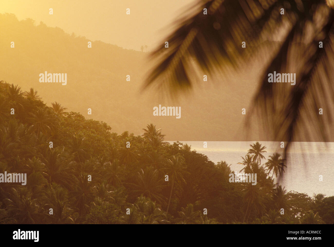 Colline couverte de jungle et vue sur le lagon de l'hôtel Village au crépuscule Pohnpei Micronésie Banque D'Images
