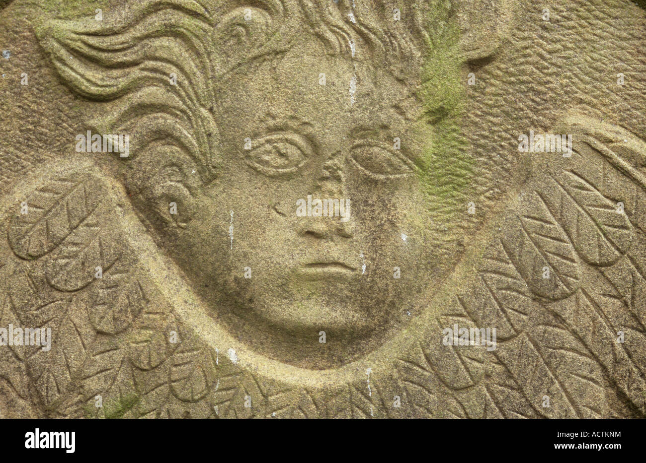 Détail de la tête et des ailes d'un ange désincarné sculpté dans un style naïf sur une pierre tombale en grès Banque D'Images