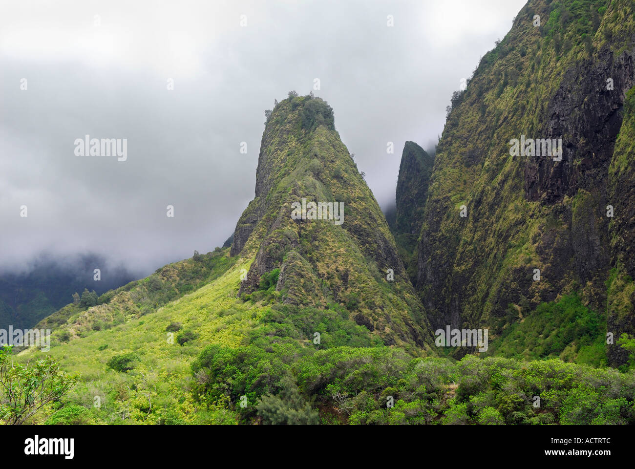 L'aiguille et distant des chutes d'IAO Valley State Park Maui Banque D'Images