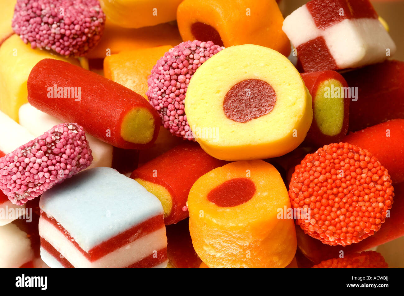 Gros plan de fruits fruités alsorte bonbons sucrerie nourriture sucrée Banque D'Images