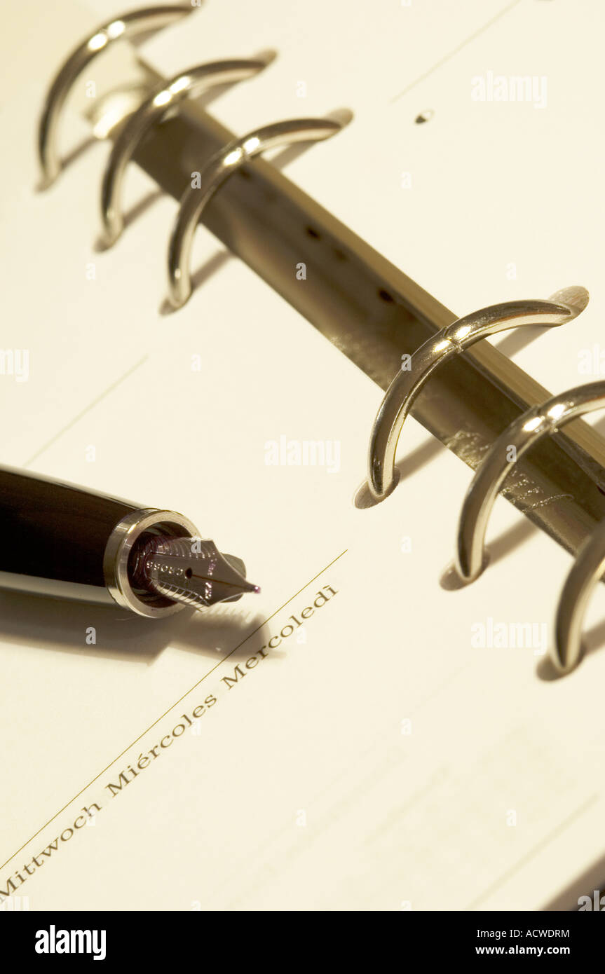 Gros plan du stylo plume et de l'organiseur personnel Banque D'Images