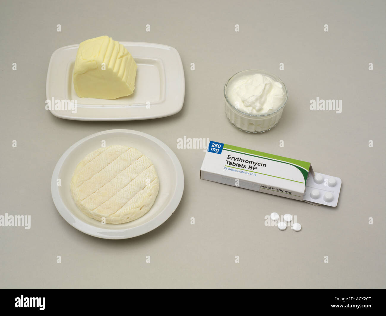 Fromage et beurre yaourt avec les paquets d'Antibiotiques Banque D'Images