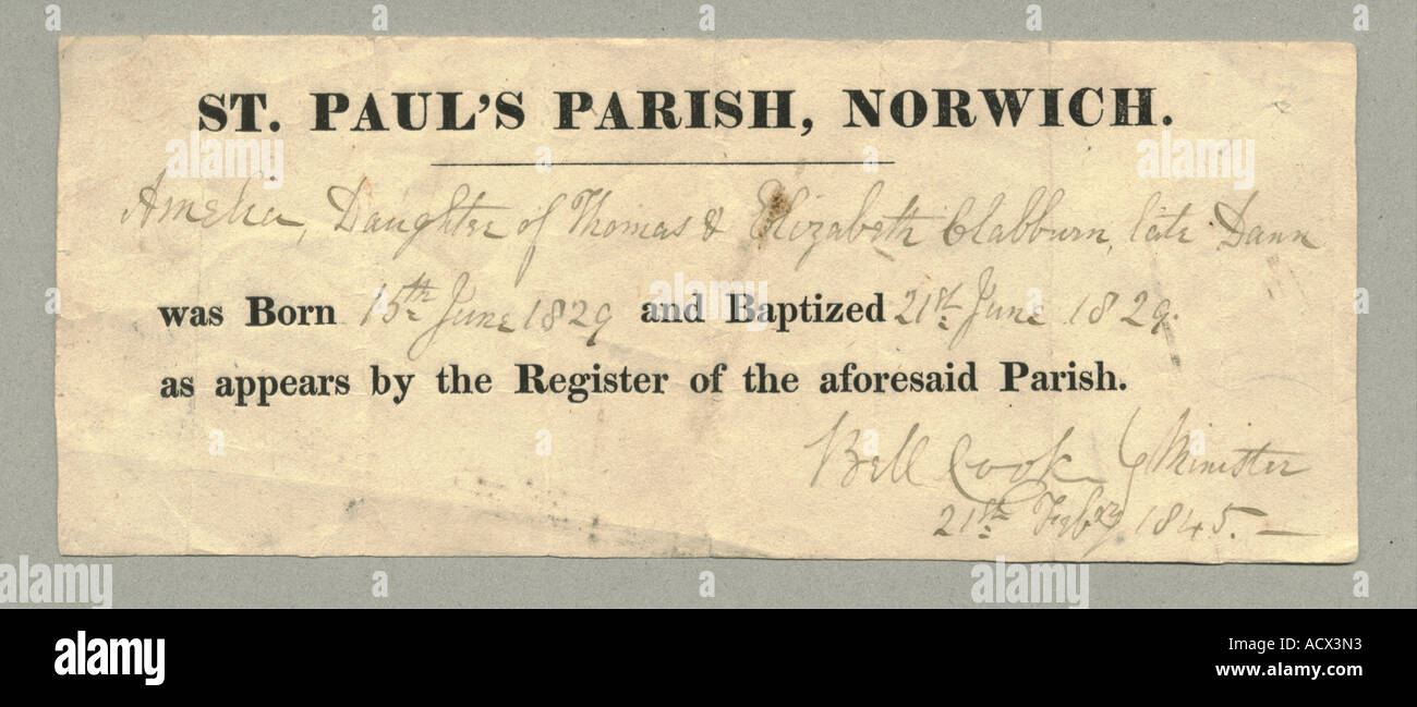Inscription au registre des naissances de la paroisse Saint Paul, Norwich, 1829, copie 1845. Banque D'Images
