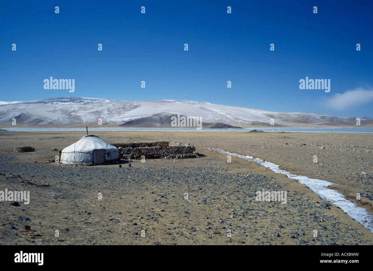 Asie Mongolie Bayan Olgii Province Vue sur camp nomade Kazakh sur plaines avec yourte unique et entièrement clôturé réservé Banque D'Images