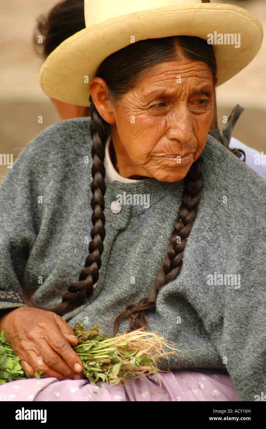 Vieille Femme vendant plante dans un marché de rue Pérou Amérique du Sud Banque D'Images