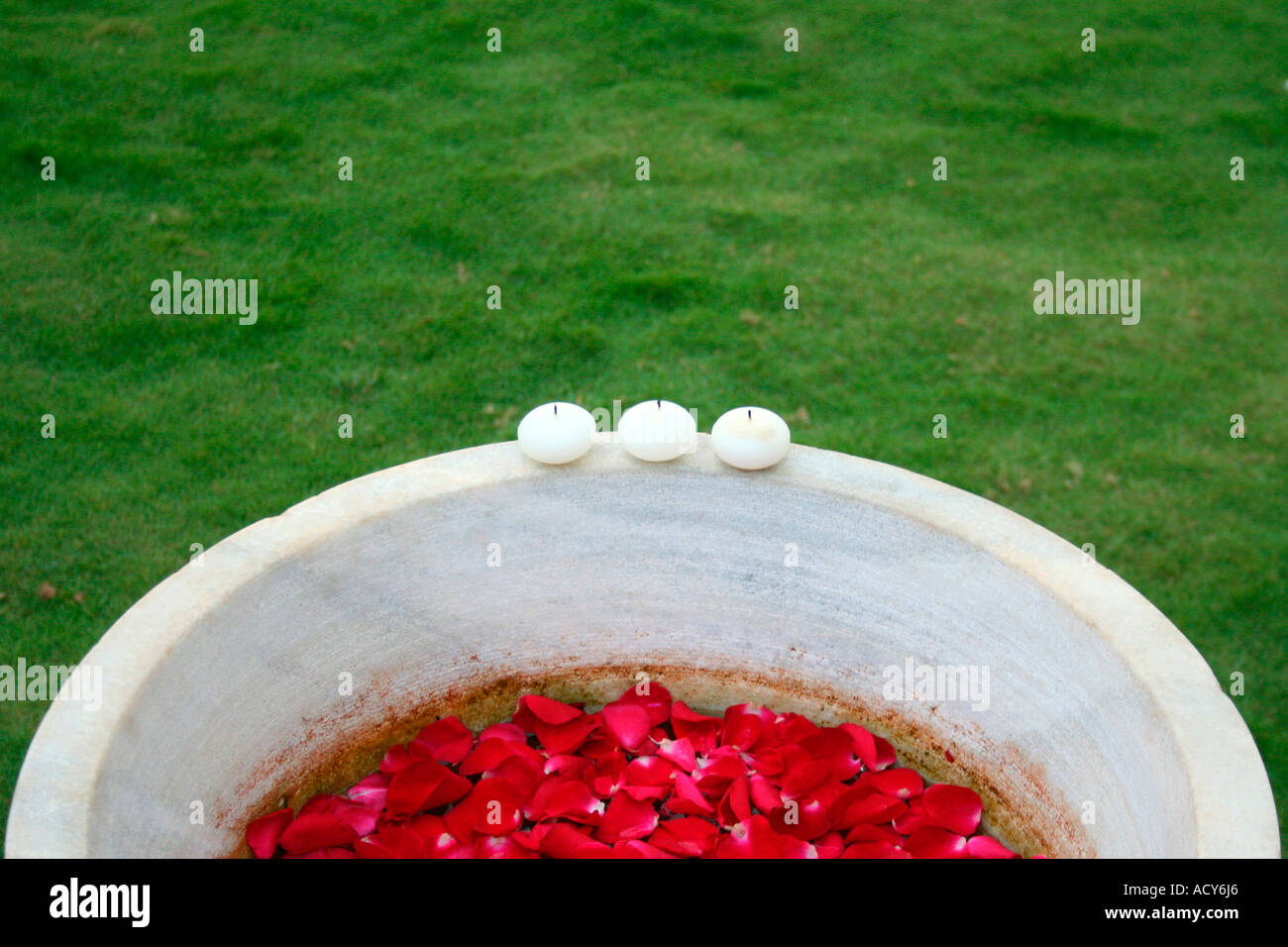 Bol de pétales de rose avec des bougies sur une pelouse Banque D'Images