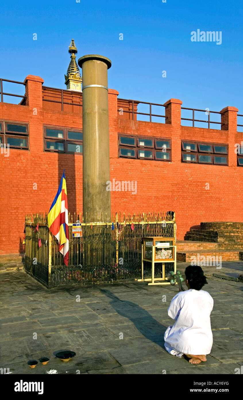 Femme priant devant l'empereur Ashoka pilier. Lumbini. Lieu de naissance de Bouddha. Le Népal Banque D'Images