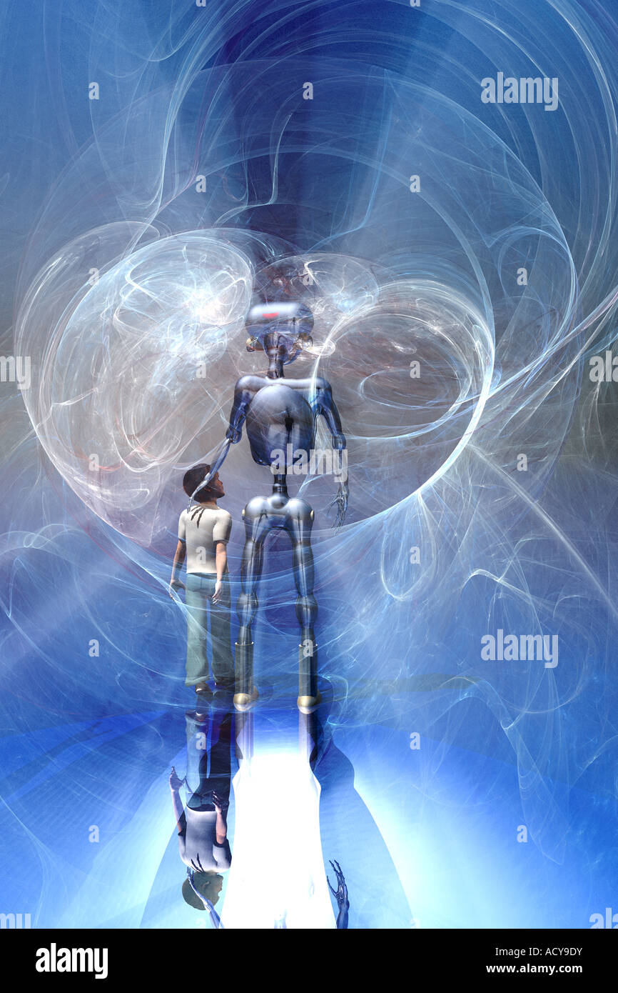 Un garçon et un robot. Banque D'Images