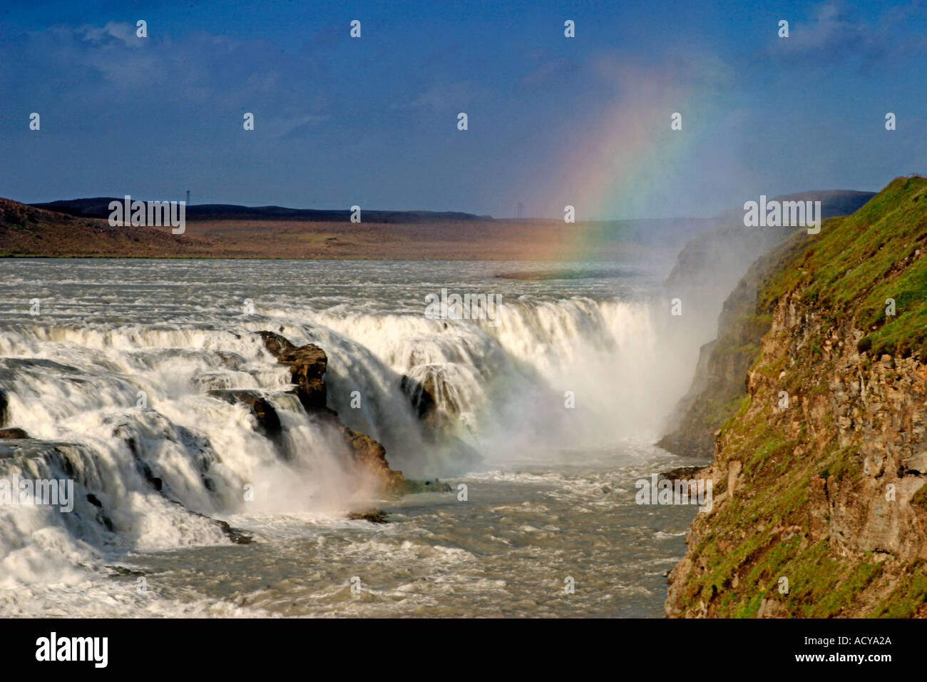 Cascade Gulfoss Islande arc-en-ciel au coucher du soleil Banque D'Images