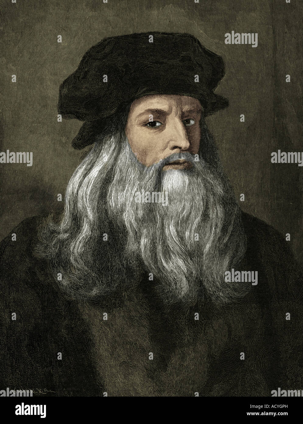 Leonardo da Vinci, 15.4.1452 - 2.5.1519, peintre et sculpteur italien, gravure après autoportrait, XIXe siècle, plus tard coloré, Italie, renaissance, , Banque D'Images