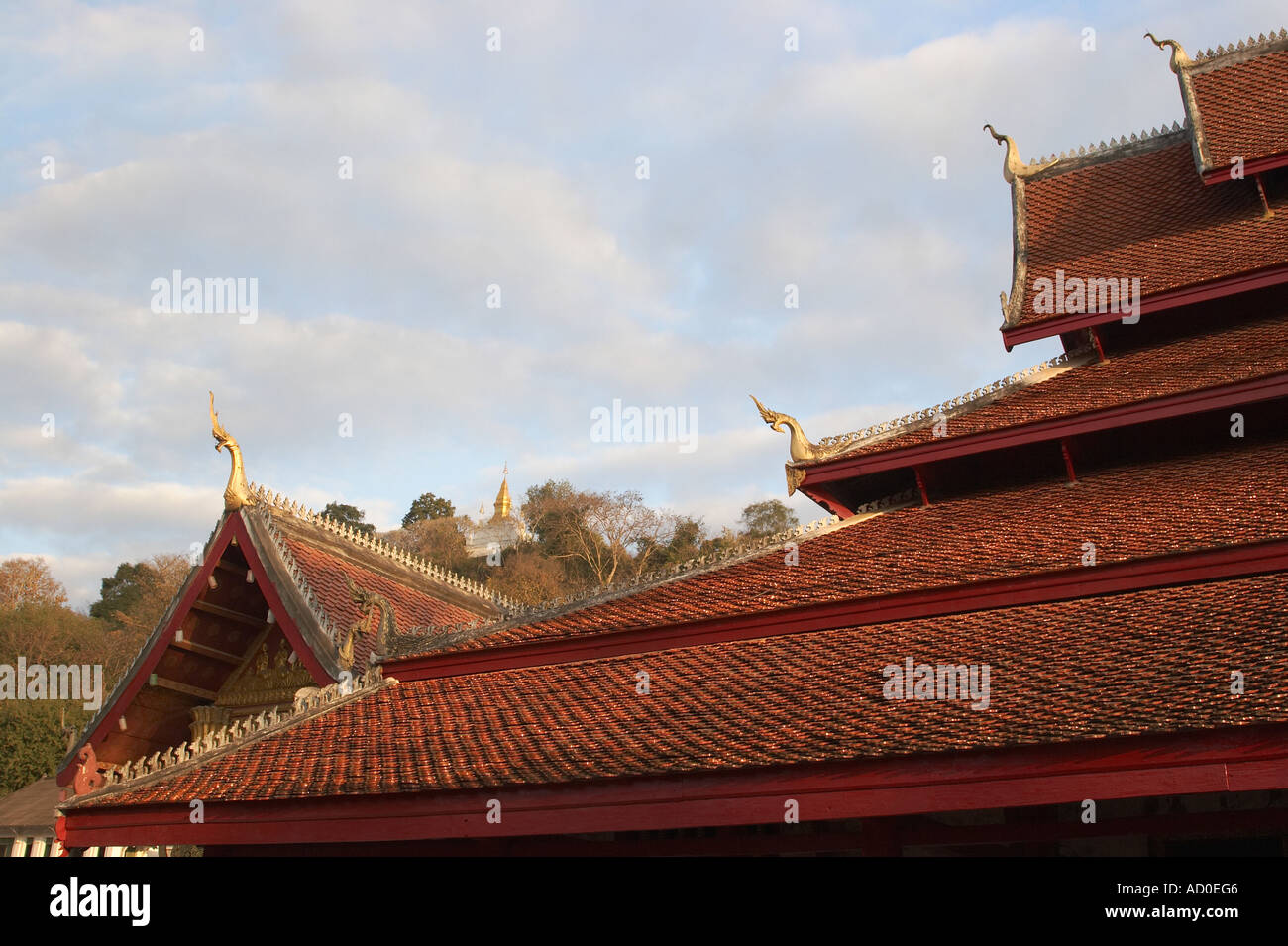 Avis de Wat Mai Suwannaphumaham Toit avec Wat Phu Si en arrière-plan Banque D'Images