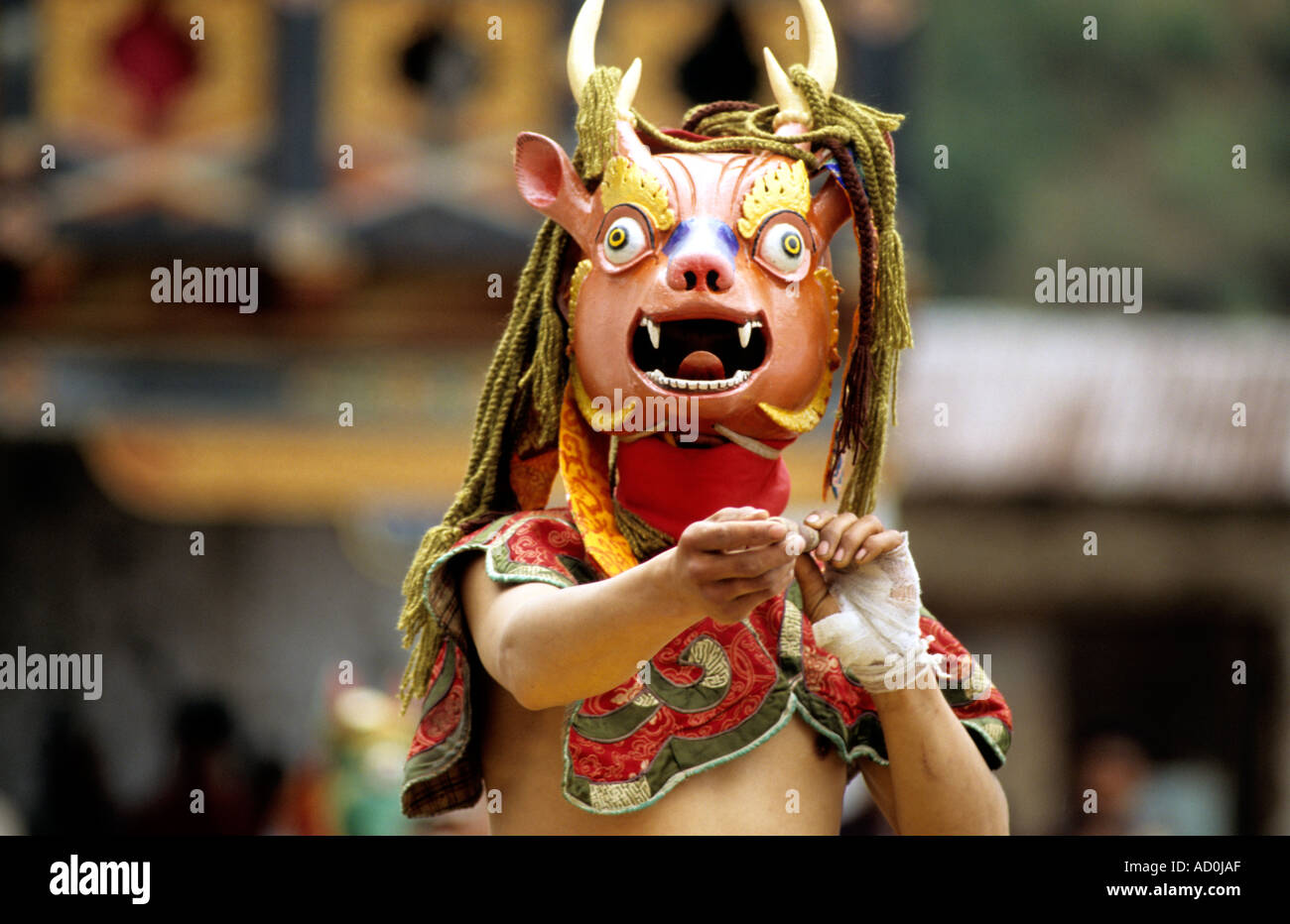 Danse de cerf et chiens Tsechu Paro Bhoutan Banque D'Images