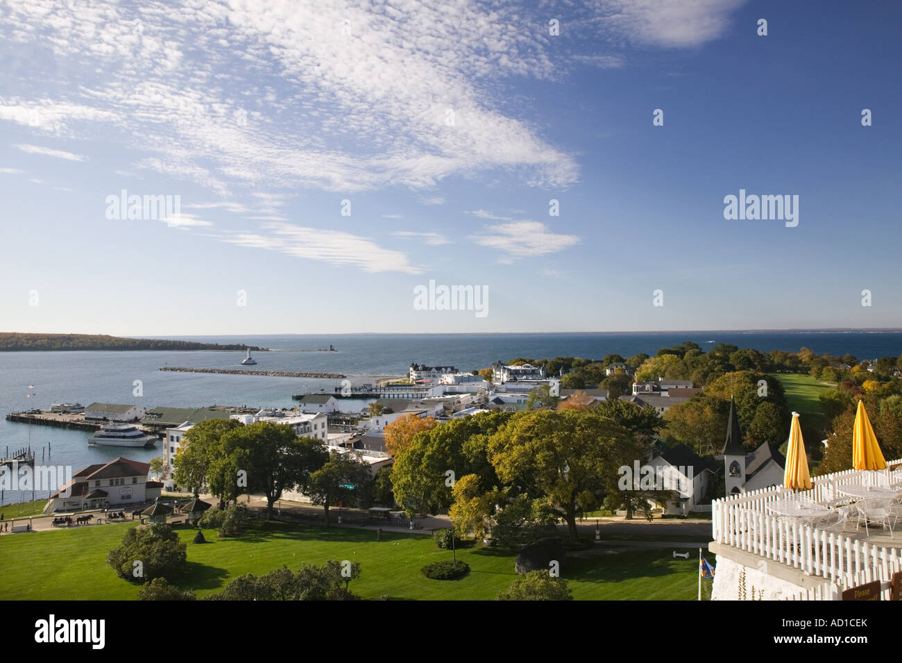 Vue depuis le Grand Hotel, l'île Mackinac, Détroit de Mackinac, Michigan, USA Banque D'Images