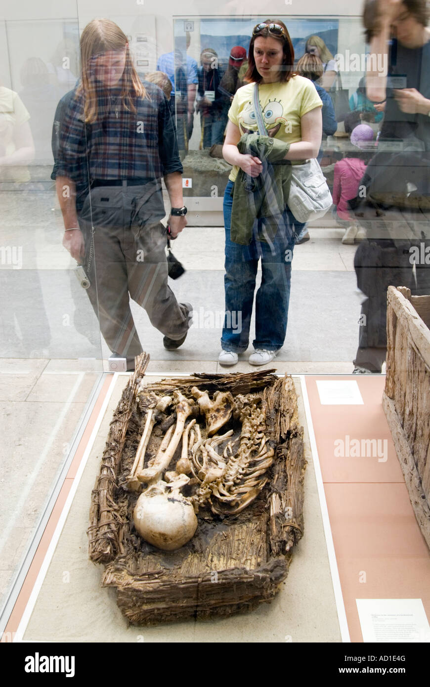 Squelette dans les vestiges d'un ancien cercueil égyptien d'environ 3000 avant J.-C. dans le British Museum, London England UK Banque D'Images