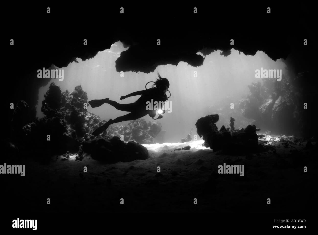 Grotte sous-marine dans les îles Vierges britanniques d'Anegada BVI, femme diver, silhouette, plongée, plongée sous-marine, océan, mer, noir et blanc, Banque D'Images