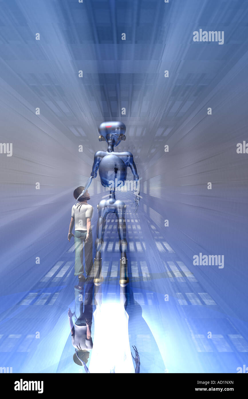 Un garçon et un robot. Banque D'Images