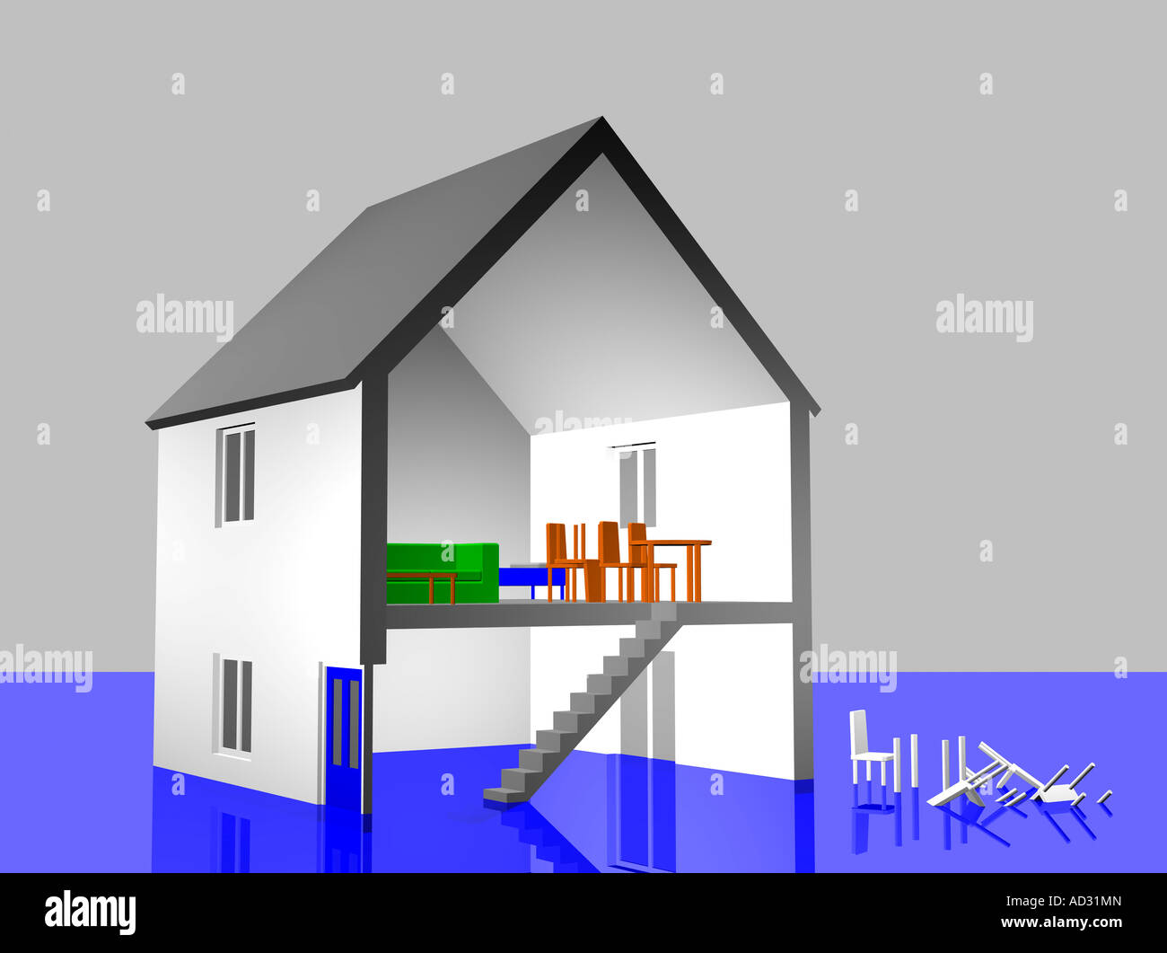 Image montrant CGI section d'house dans l'eau d'inondation Banque D'Images