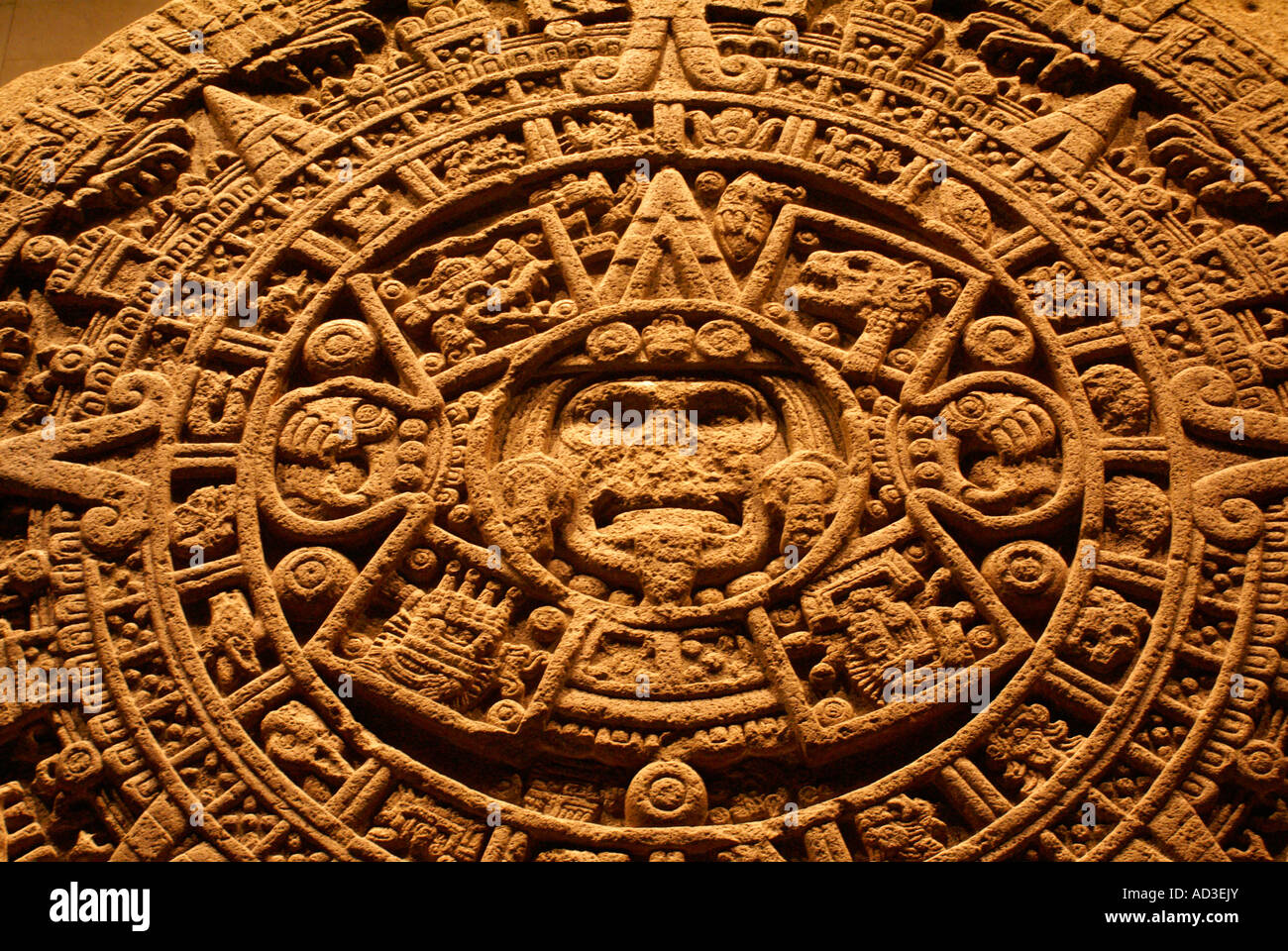 Gros plan de l'Aztec Calendar Stone ou Sun Stone, Mexique Banque D'Images