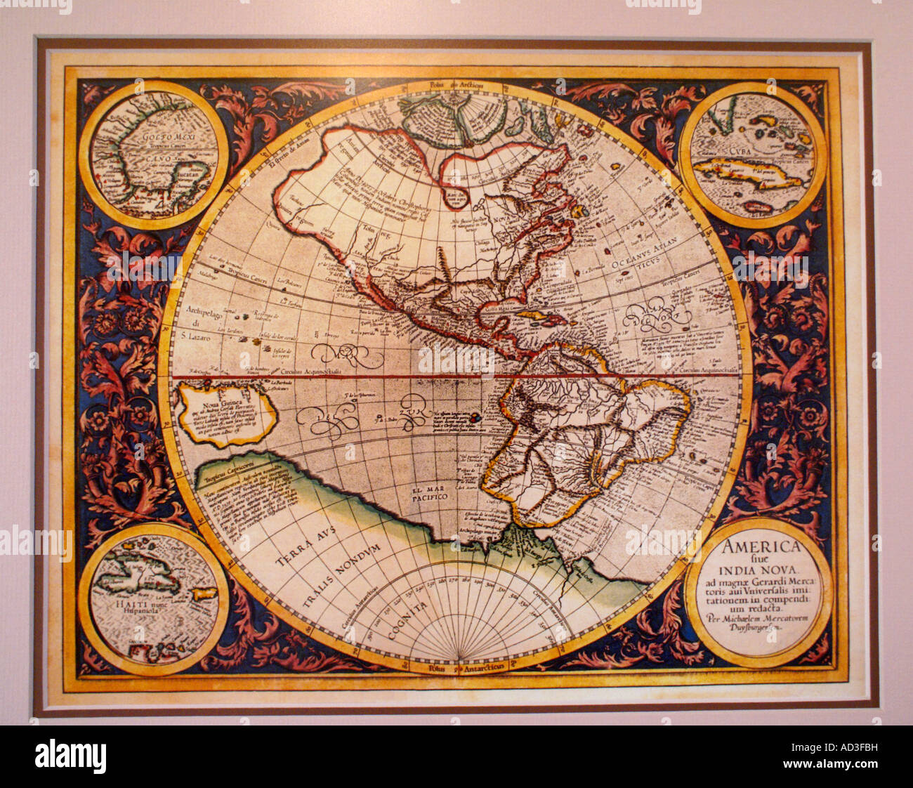 Carte antique colorée du Nouveau monde (les Amériques) c. 1607 par Michael Mercator, Flamand (1567-1614), America Sive India Nova (Amérique et Nouvelle Inde) Banque D'Images