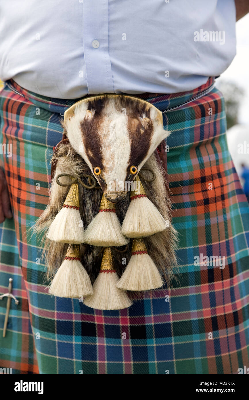 La fourrure du blaireau Sporran porté avec kilt - Aboyne Scottish Highland Games, Royal Deeside, Scotland UK Banque D'Images